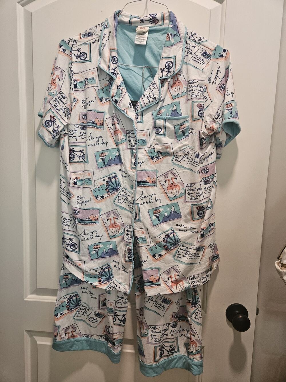 Munki Munki Vacation Bon Voyage Pajamas Set XXL Top Pants Womens 2 Pc Postcards